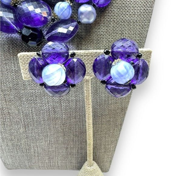 Vintage West Germany Purple Faceted Acrylic Necklace Clip Earrings Set 1950s