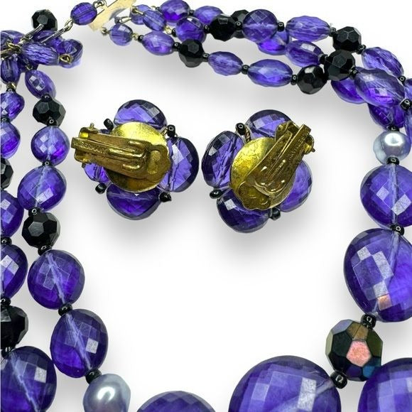Vintage West Germany Purple Faceted Acrylic Necklace Clip Earrings Set 1950s