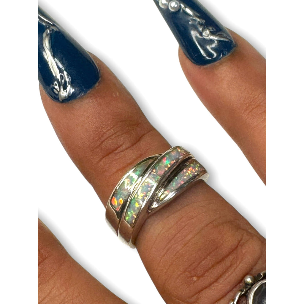 Sterling Silver Opal Inlay Band Ring Size 7.75 925