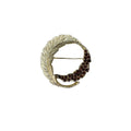Feather Wreath Brooch Gold Tone Brown Crystal Circle Pin 1960s Vintage