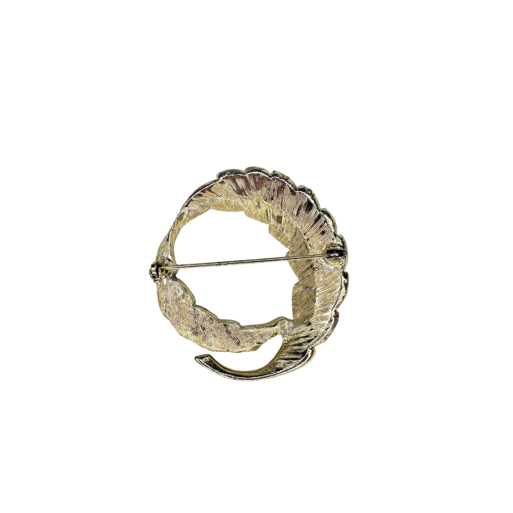 Feather Wreath Brooch Gold Tone Brown Crystal Circle Pin 1960s Vintage