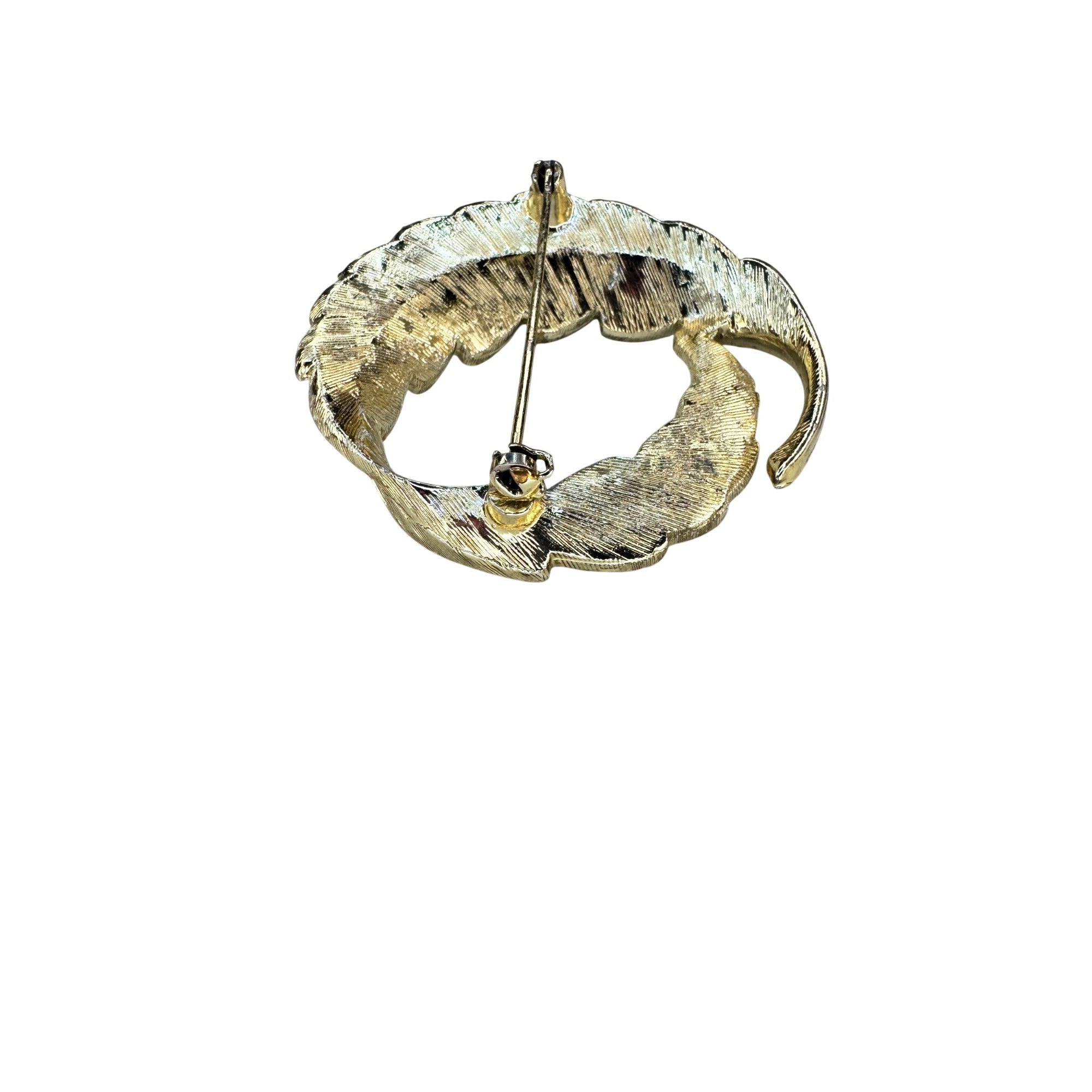 Feather Wreath Brooch Gold Tone Brown Crystal Circle Pin 1960s Vintage