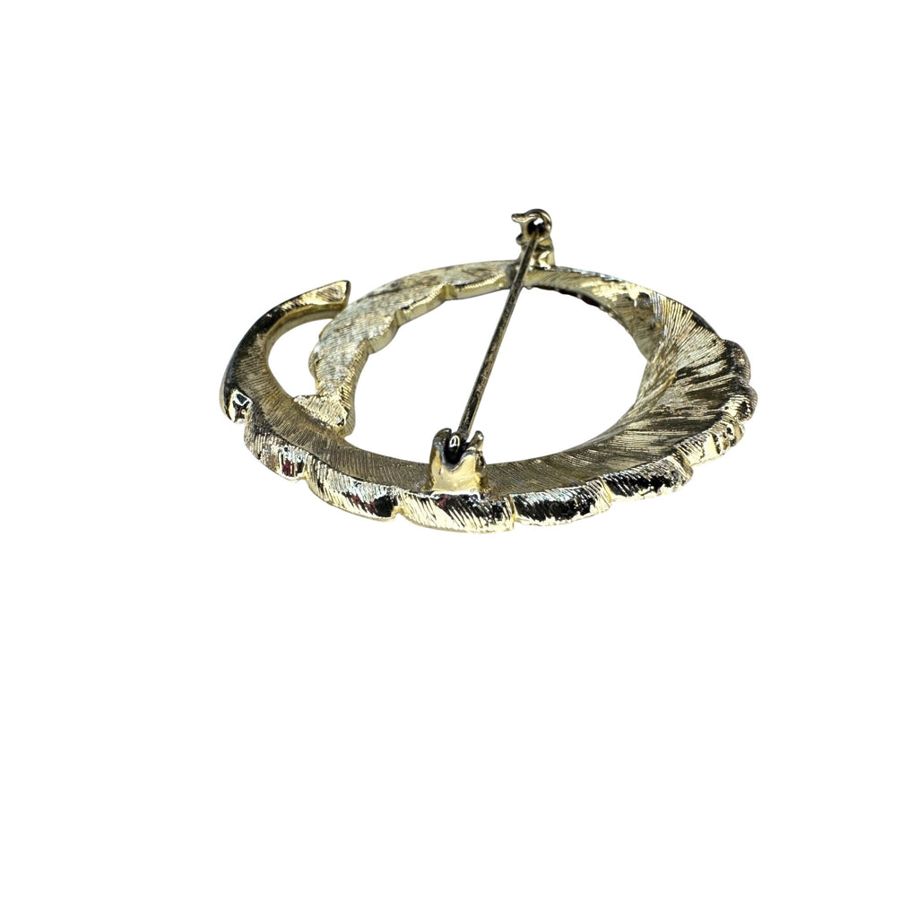 Feather Wreath Brooch Gold Tone Brown Crystal Circle Pin 1960s Vintage
