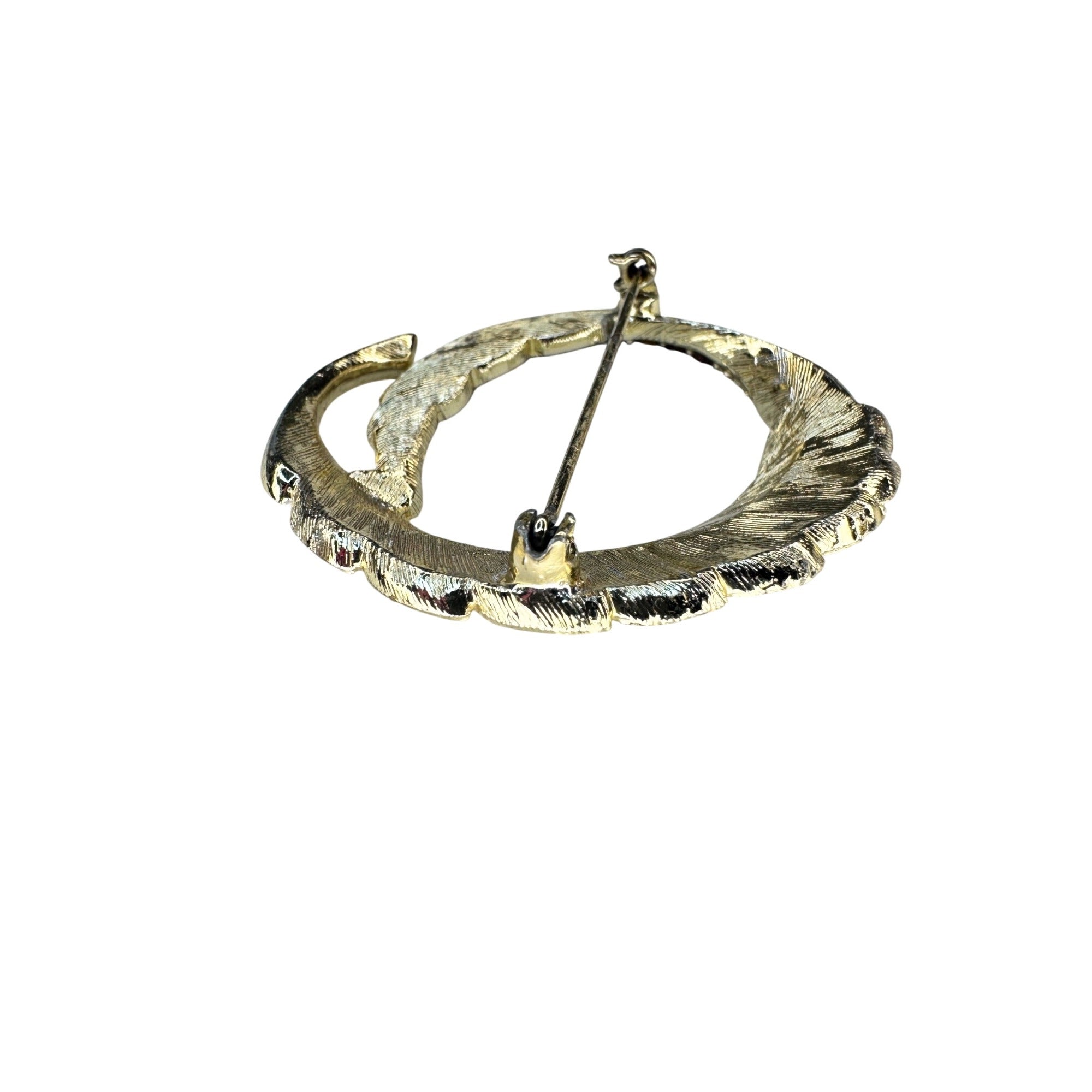 Feather Wreath Brooch Gold Tone Brown Crystal Circle Pin 1960s Vintage