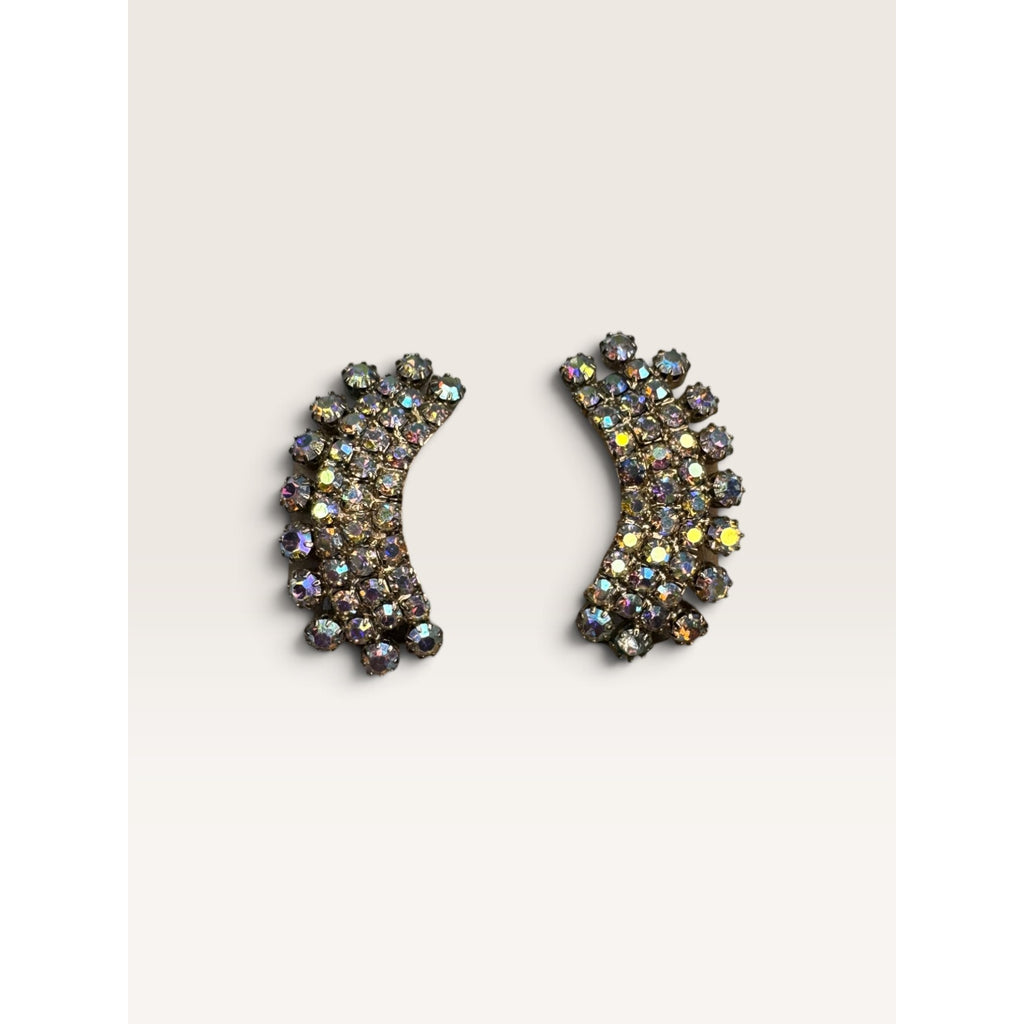 1950s Aurora Borealis AB Crystal Rhinestone Crescent Climber Clip Earrings 1.52"