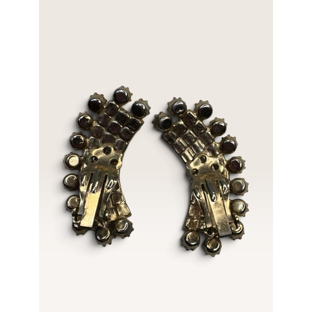 1950s Aurora Borealis AB Crystal Rhinestone Crescent Climber Clip Earrings 1.52"