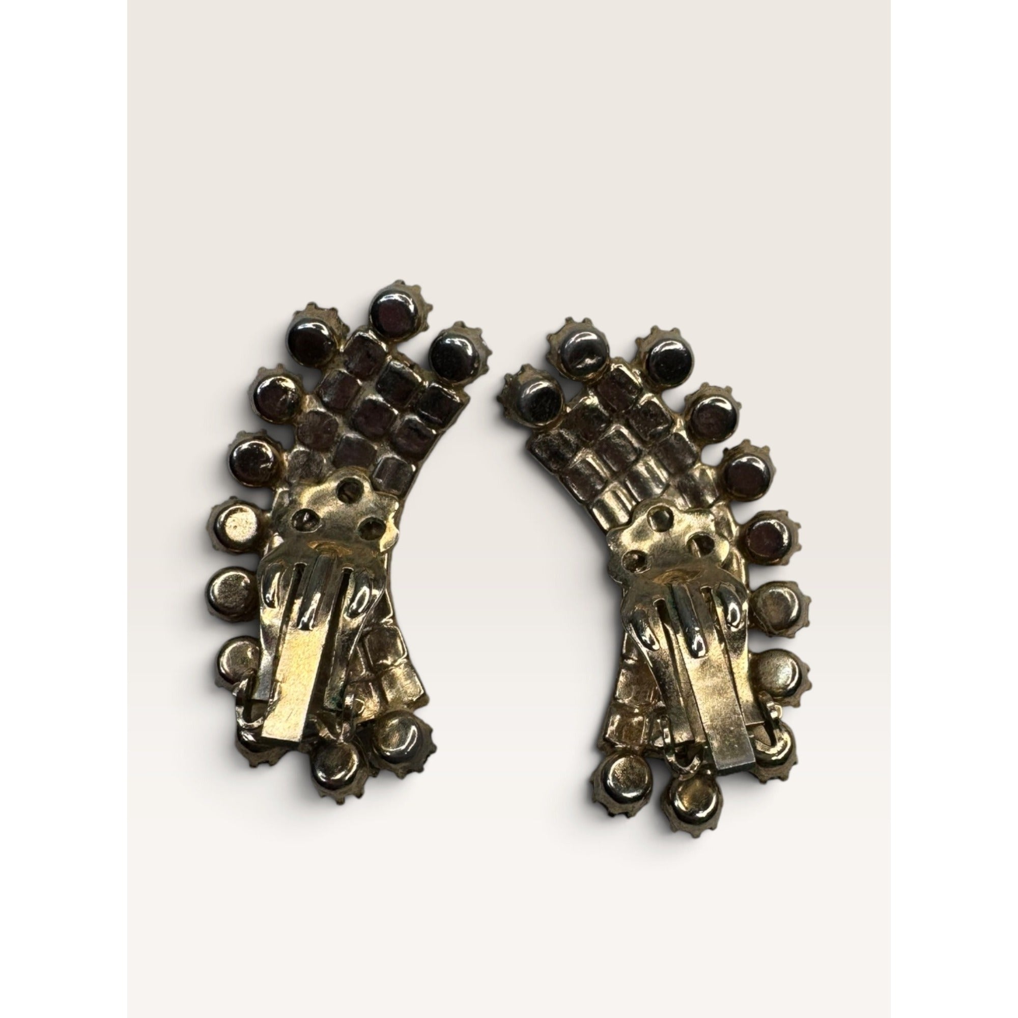 1950s Aurora Borealis AB Crystal Rhinestone Crescent Climber Clip Earrings 1.52"