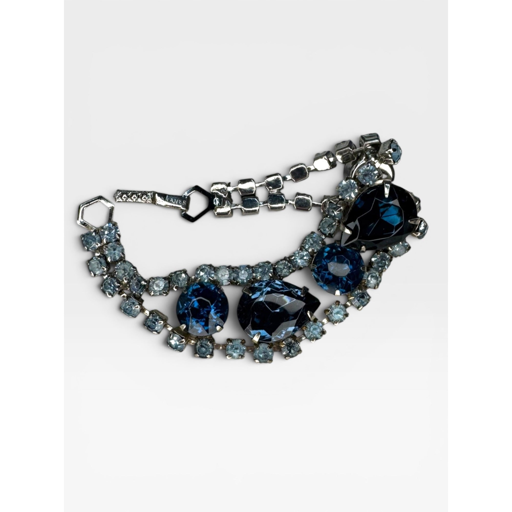 Kramer Blue Glass UV Glow Crystal Rhinestone Bracelet Silver Tone 6.75"