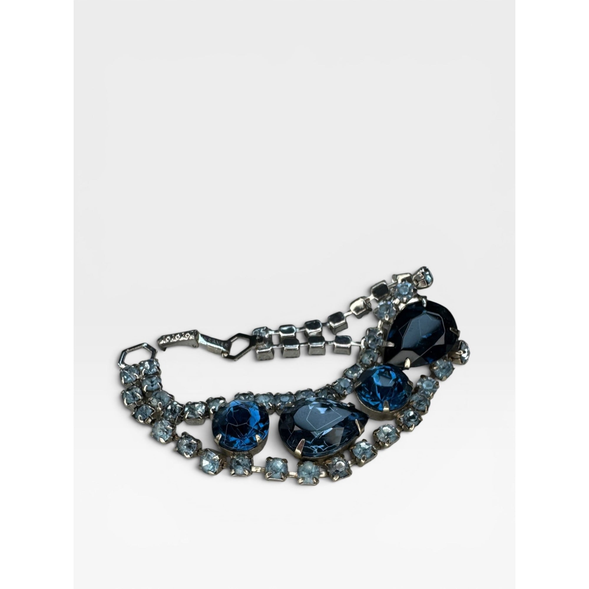 Kramer Blue Glass UV Glow Crystal Rhinestone Bracelet Silver Tone 6.75"
