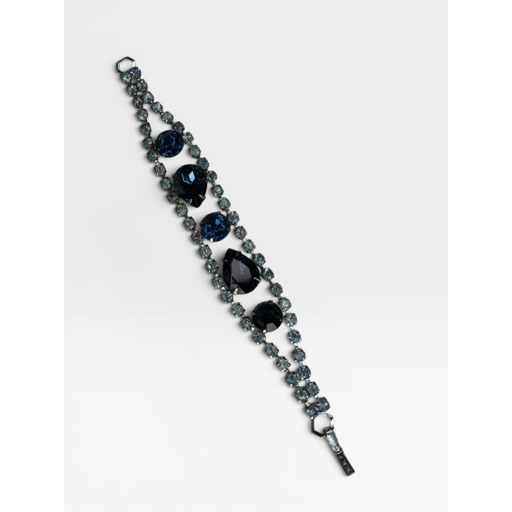 Kramer Blue Glass UV Glow Crystal Rhinestone Bracelet Silver Tone 6.75"