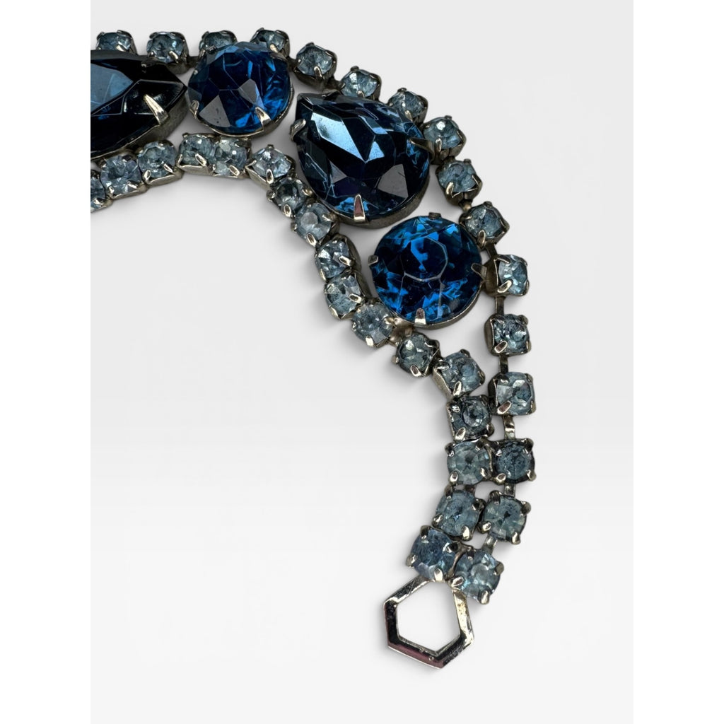 Kramer Blue Glass UV Glow Crystal Rhinestone Bracelet Silver Tone 6.75"