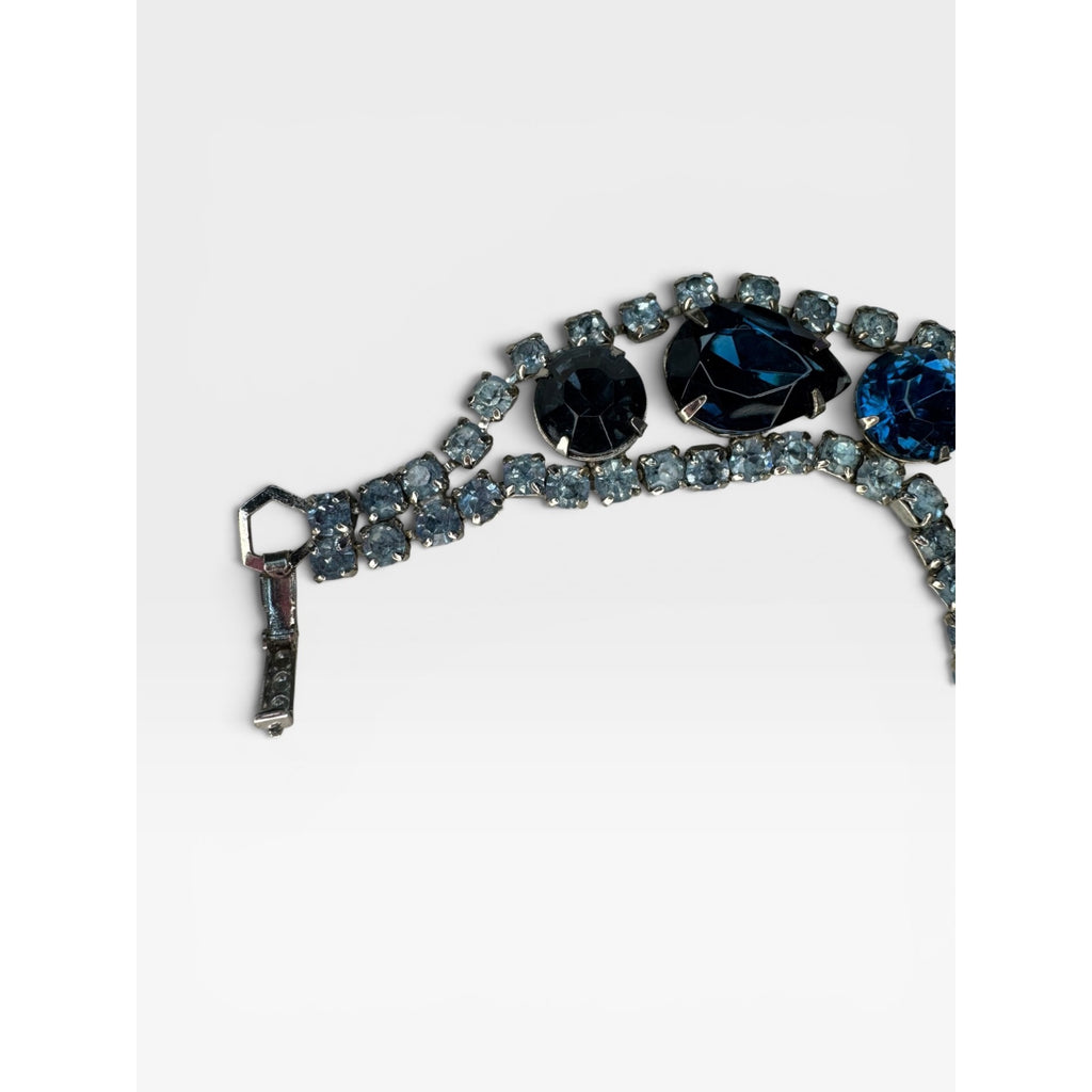 Kramer Blue Glass UV Glow Crystal Rhinestone Bracelet Silver Tone 6.75"