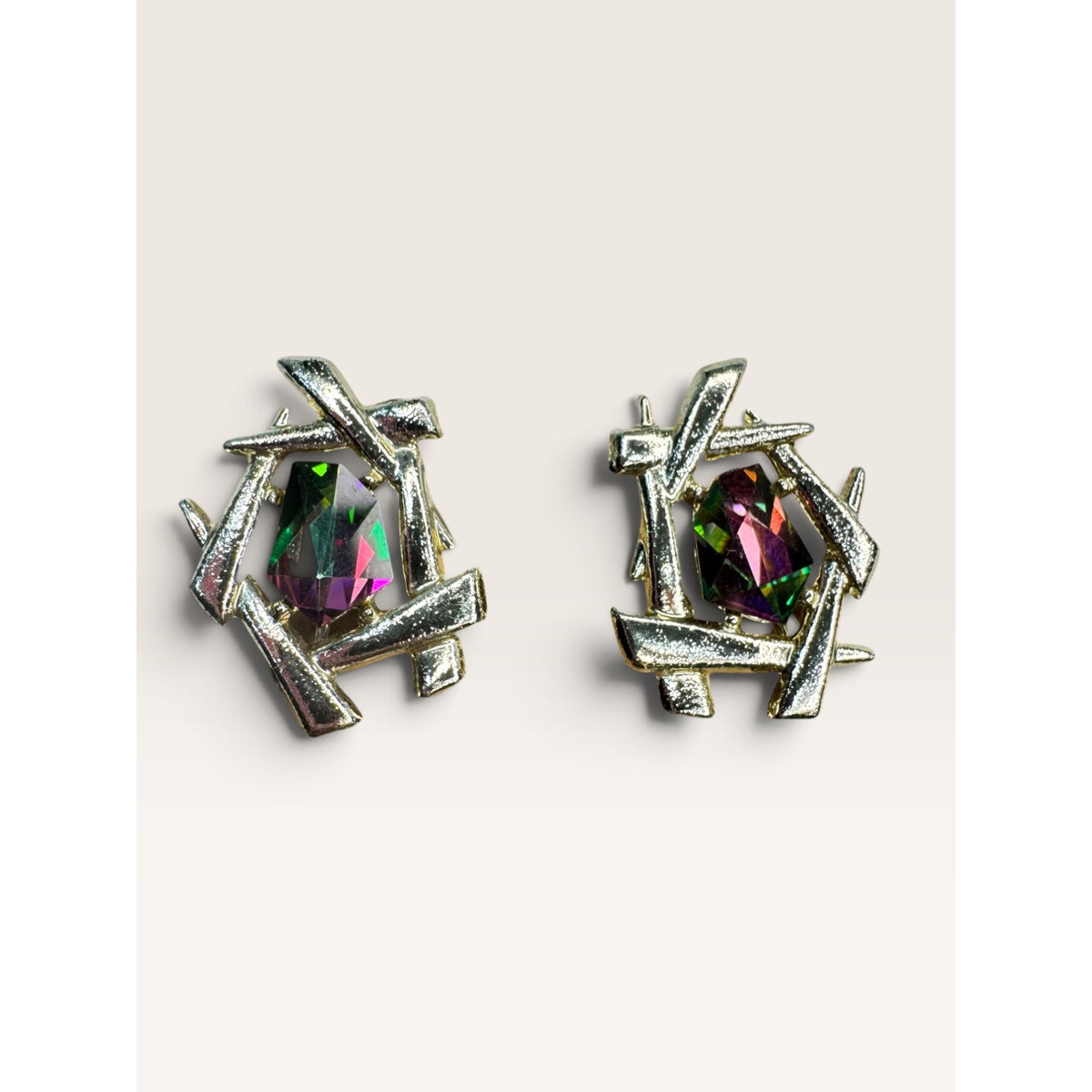1964 Sarah Coventry Chinese Modern Watermelon Rhinestone Clip Earrings Vintage