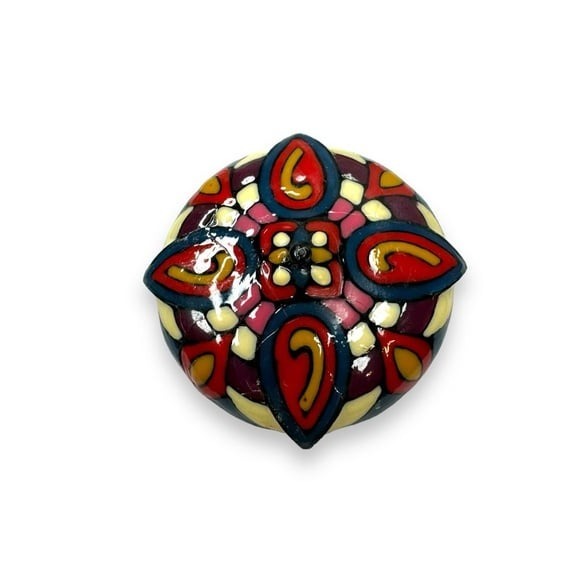 Vintage Enamel Mosaic Brooch Pendant Multicolor Gold Tone Abstract Floral 1960s