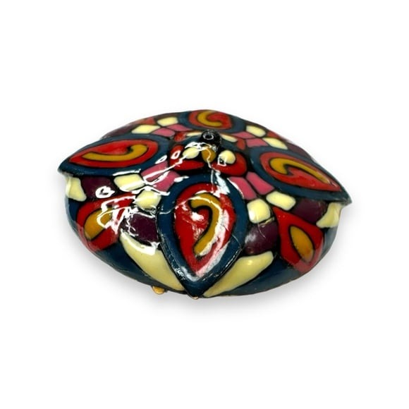 Vintage Enamel Mosaic Brooch Pendant Multicolor Gold Tone Abstract Floral 1960s