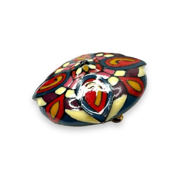 Vintage Enamel Mosaic Brooch Pendant Multicolor Gold Tone Abstract Floral 1960s