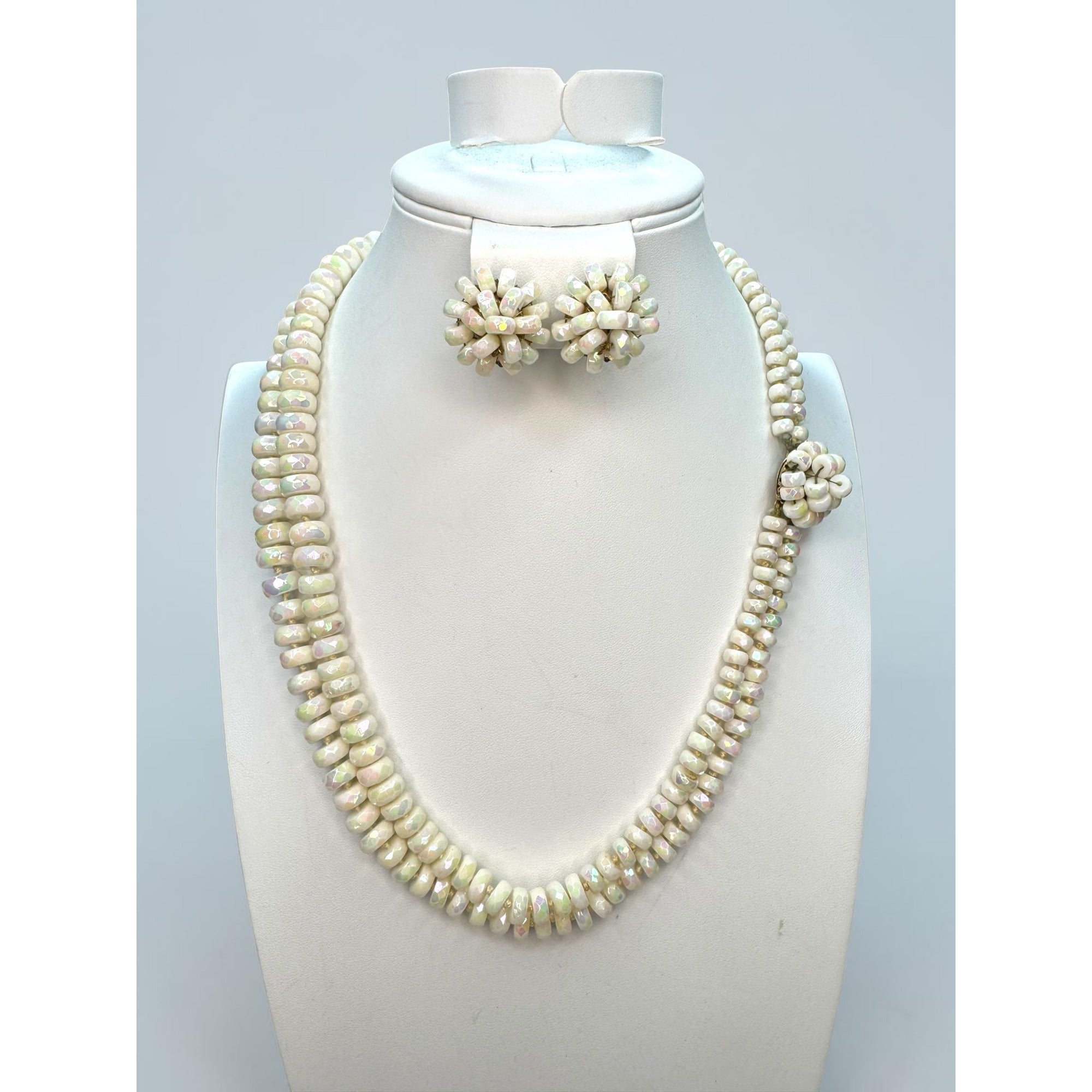 Vogue White AB Glass Beaded Necklace Clip On Earrings Set 1950s Vintage