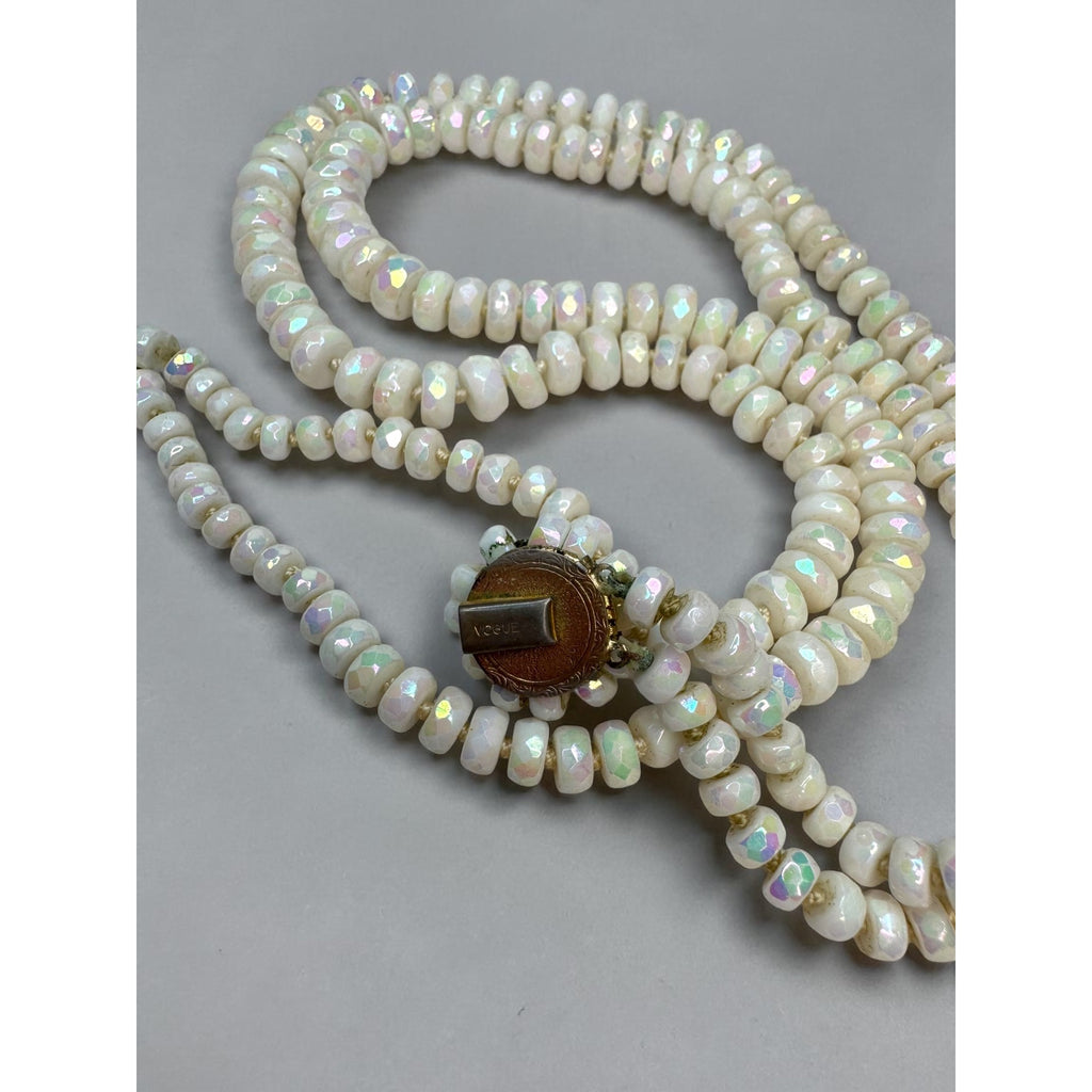 Vogue White AB Glass Beaded Necklace Clip On Earrings Set 1950s Vintage