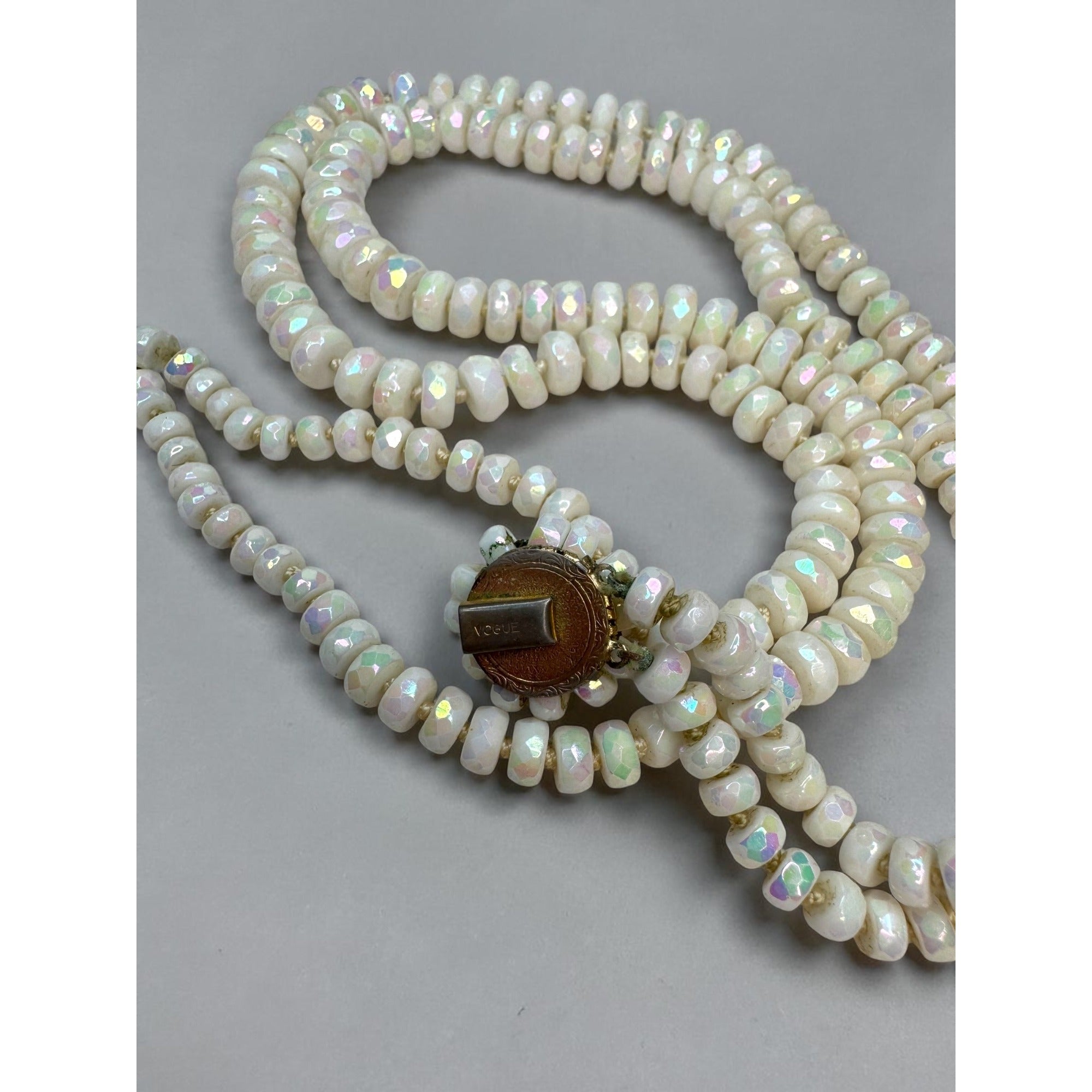 Vogue White AB Glass Beaded Necklace Clip On Earrings Set 1950s Vintage