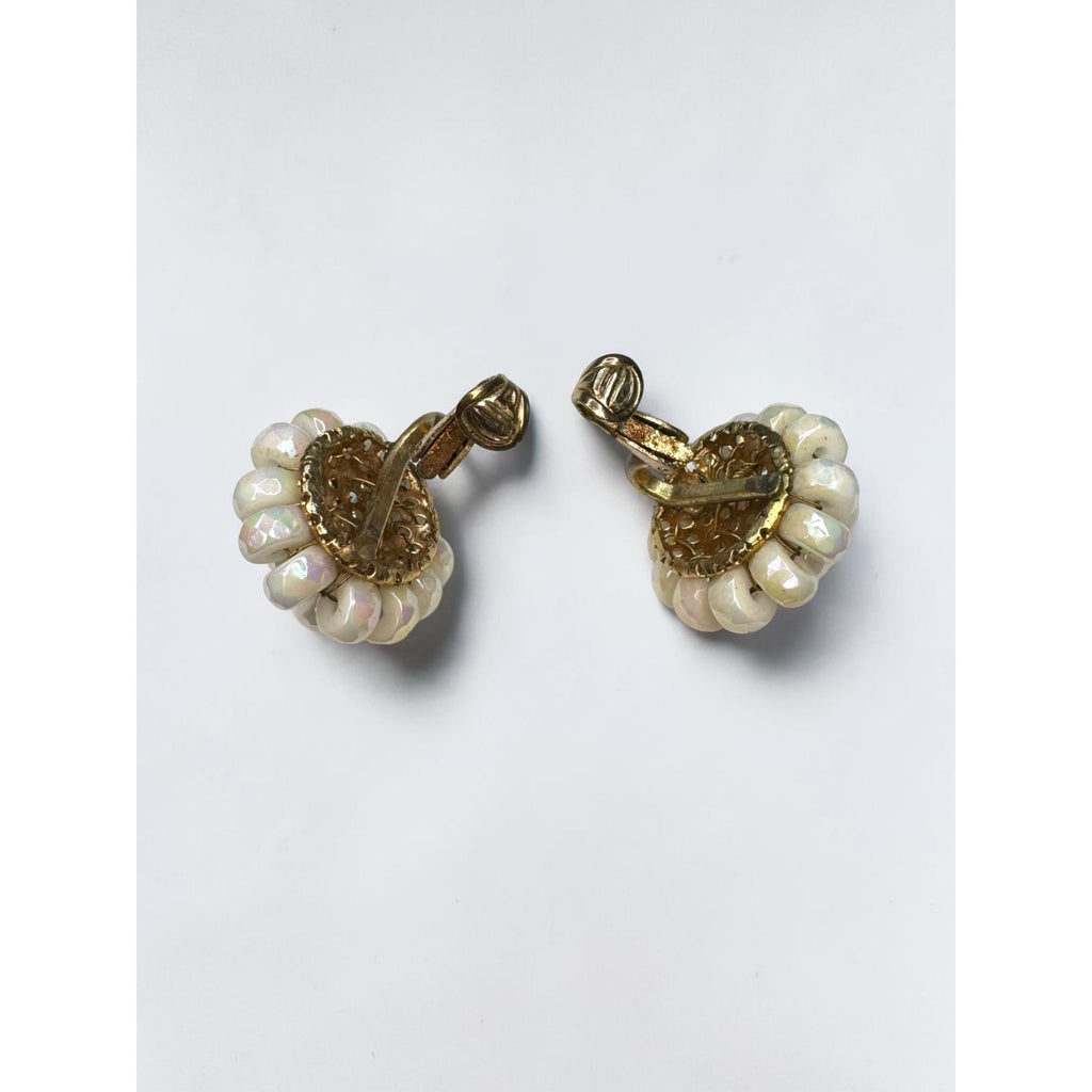 Vogue White AB Glass Beaded Necklace Clip On Earrings Set 1950s Vintage