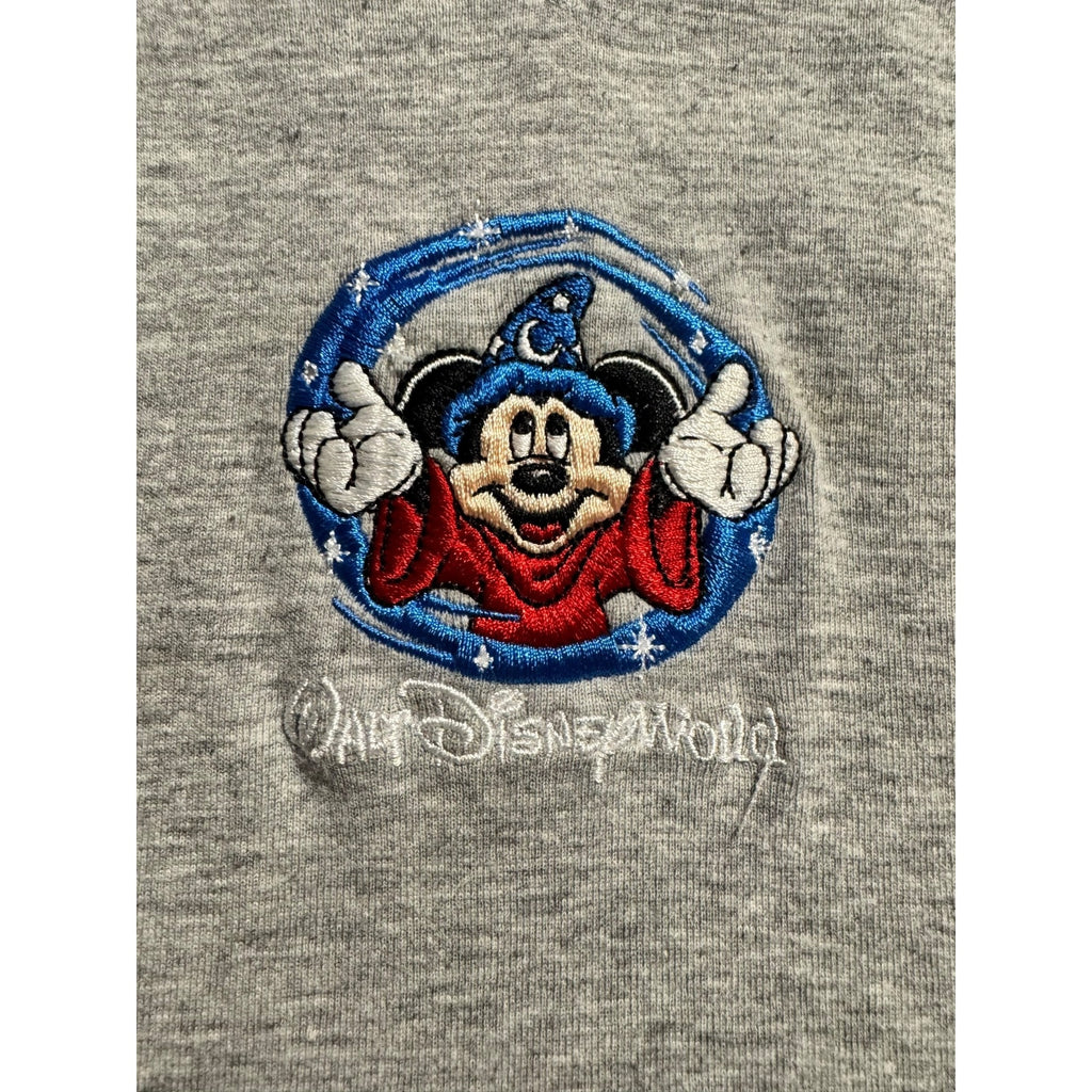 Disney Sorcerer Mickey Embroidered V-Neck Tee Gray Women’s Small