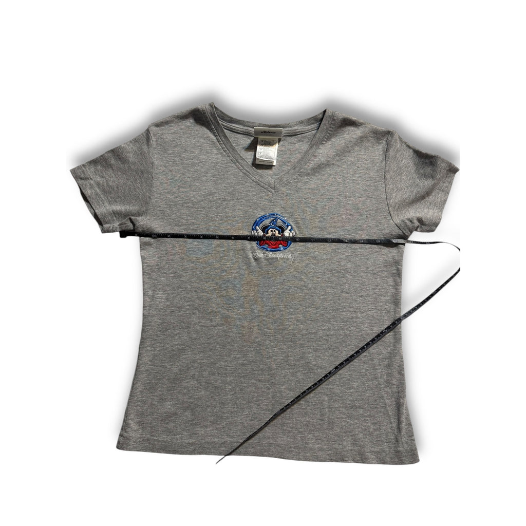 Disney Sorcerer Mickey Embroidered V-Neck Tee Gray Women’s Small