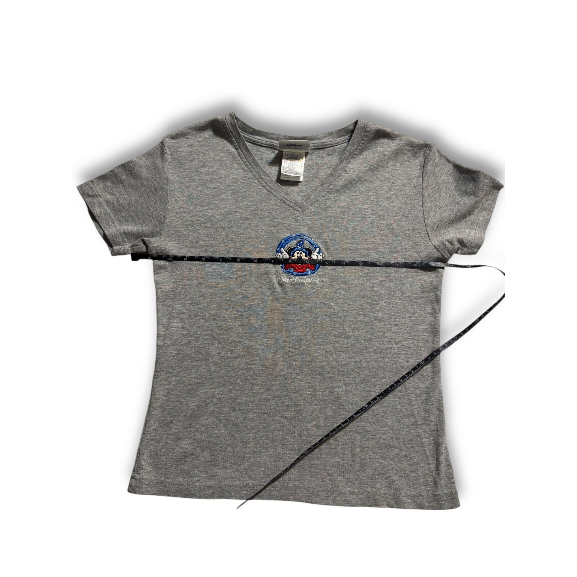 Disney Sorcerer Mickey Embroidered V-Neck Tee Gray Women’s Small