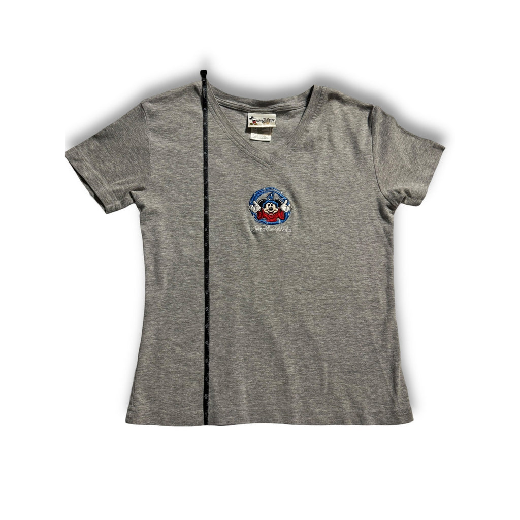 Disney Sorcerer Mickey Embroidered V-Neck Tee Gray Women’s Small