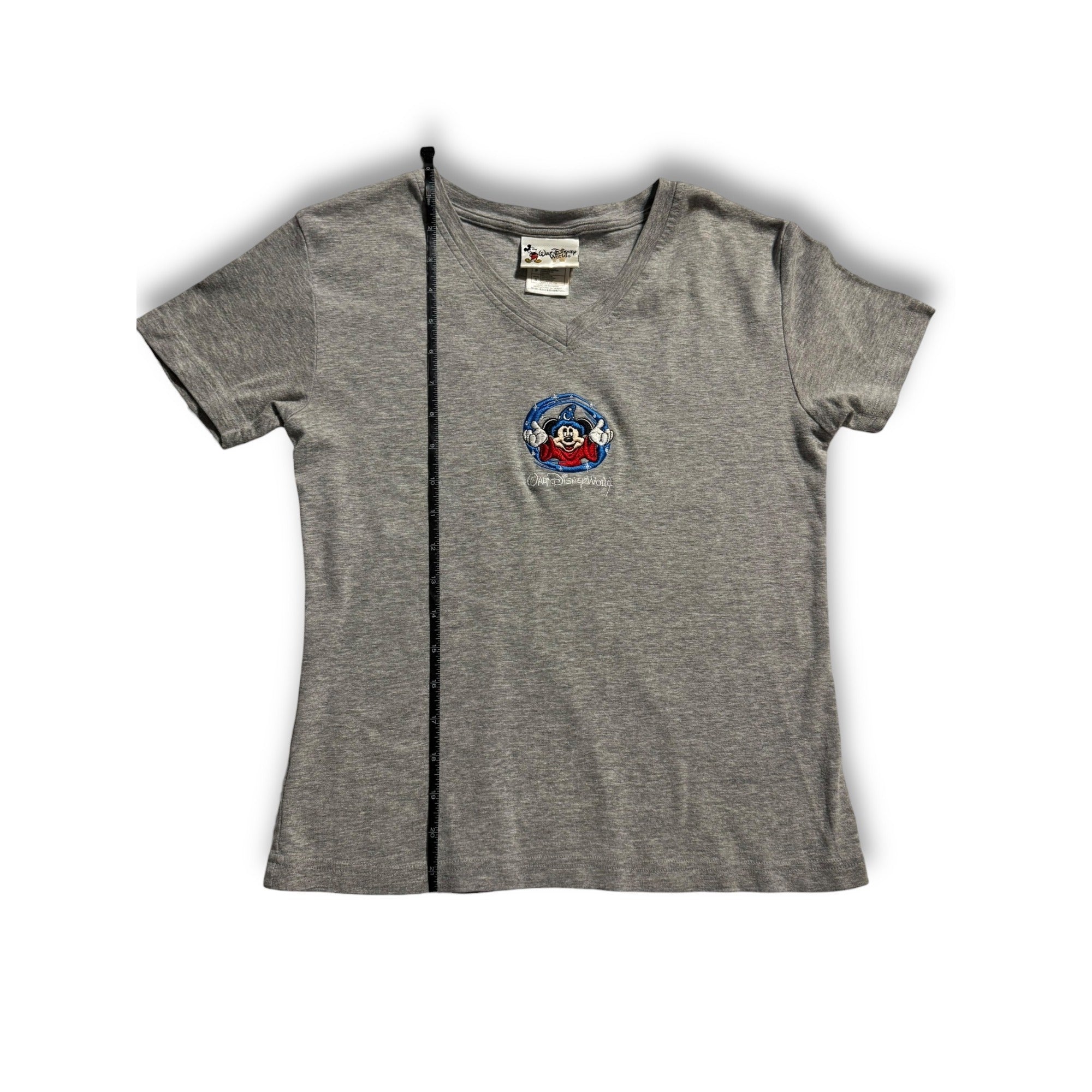 Disney Sorcerer Mickey Embroidered V-Neck Tee Gray Women’s Small