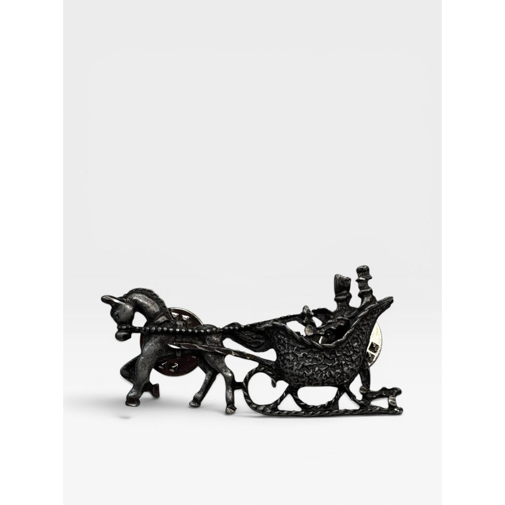 Horse Drawn Sleigh Lapel Pin Pewter Tone Winter Scene Tack Pin 1980s