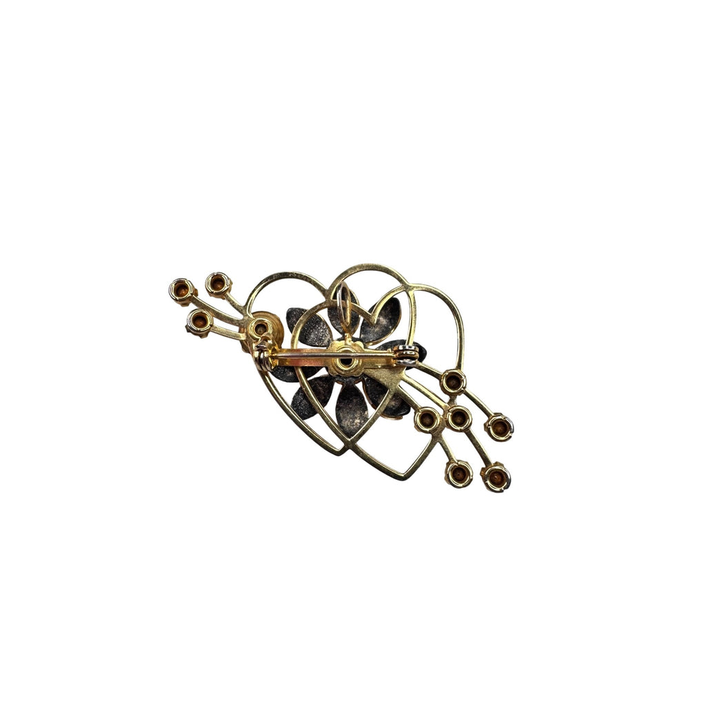 Unsigned Red Gray Crystal Enamel Flower Brooch Gold Tone 1950s Vintage