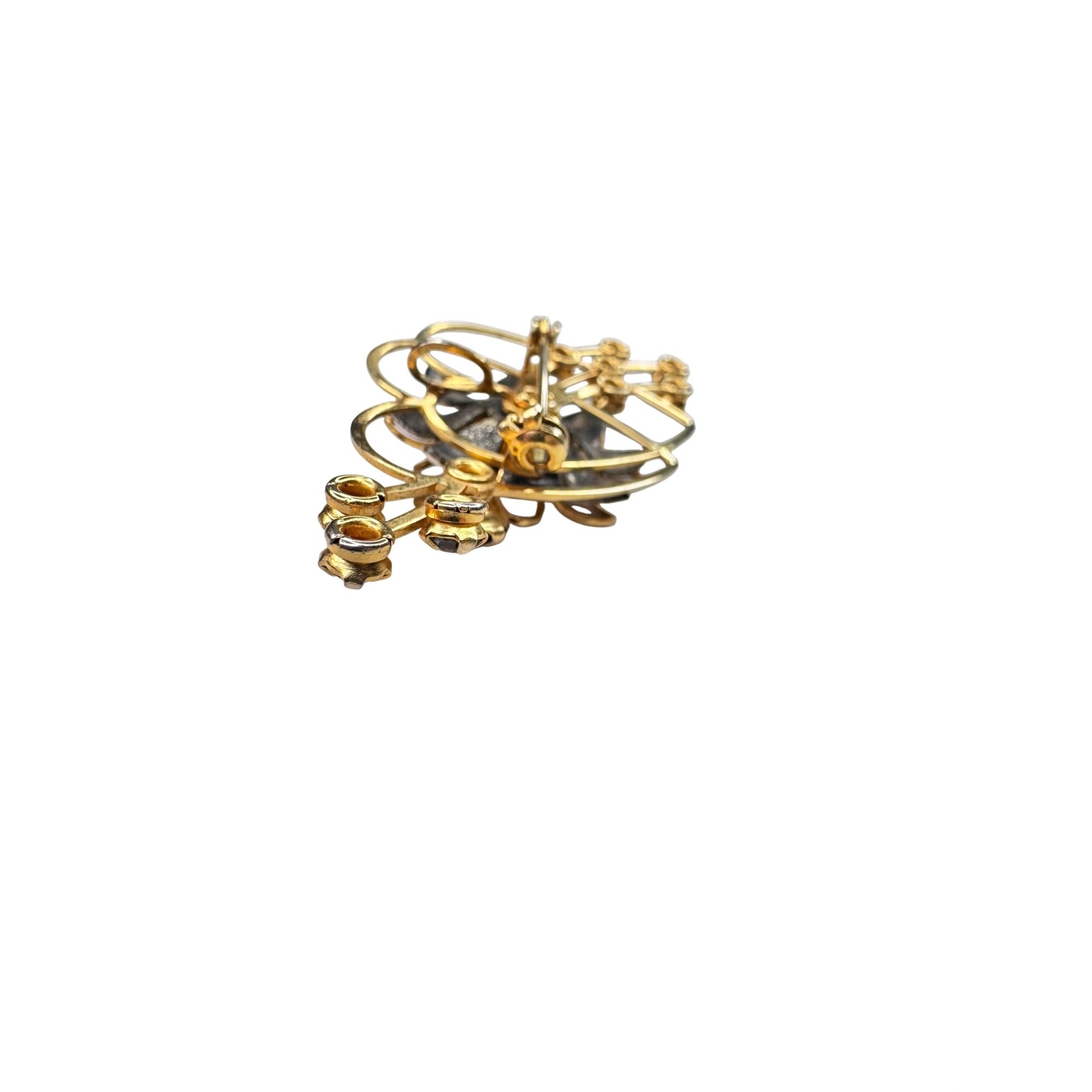 Unsigned Red Gray Crystal Enamel Flower Brooch Gold Tone 1950s Vintage