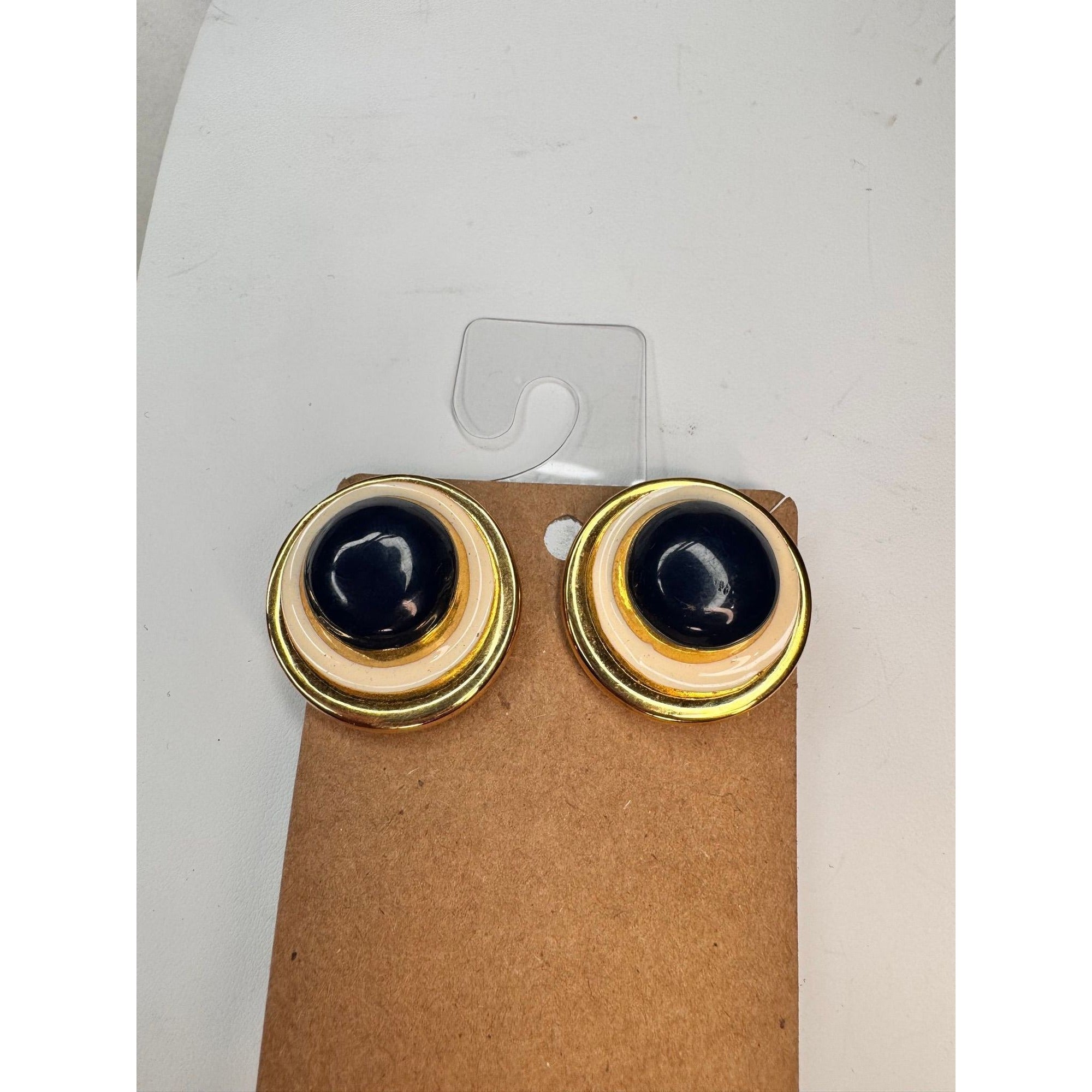 off white navy blue enamel gold tone heavy 90s clip on earrings