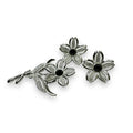 Vintage Sarah Coventry Floral Brooch Clip Earrings Silver Tone Black Glass 1960s