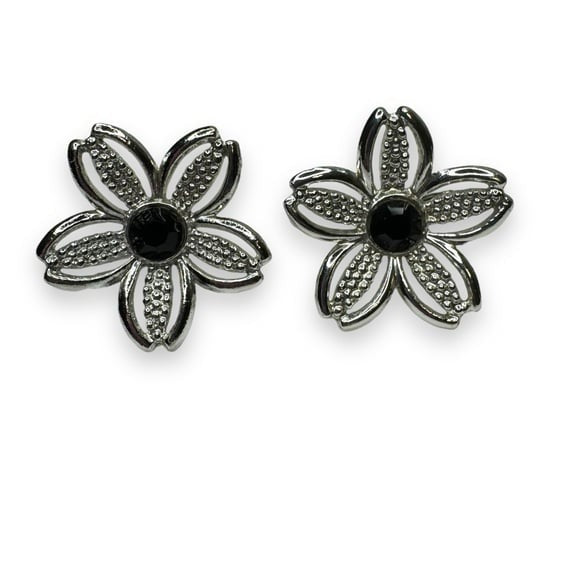 Vintage Sarah Coventry Floral Brooch Clip Earrings Silver Tone Black Glass 1960s