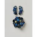 Karu Arke Brooch Earrings Set Blue AB Crystal Cluster Silver Tone Vintage 1960s