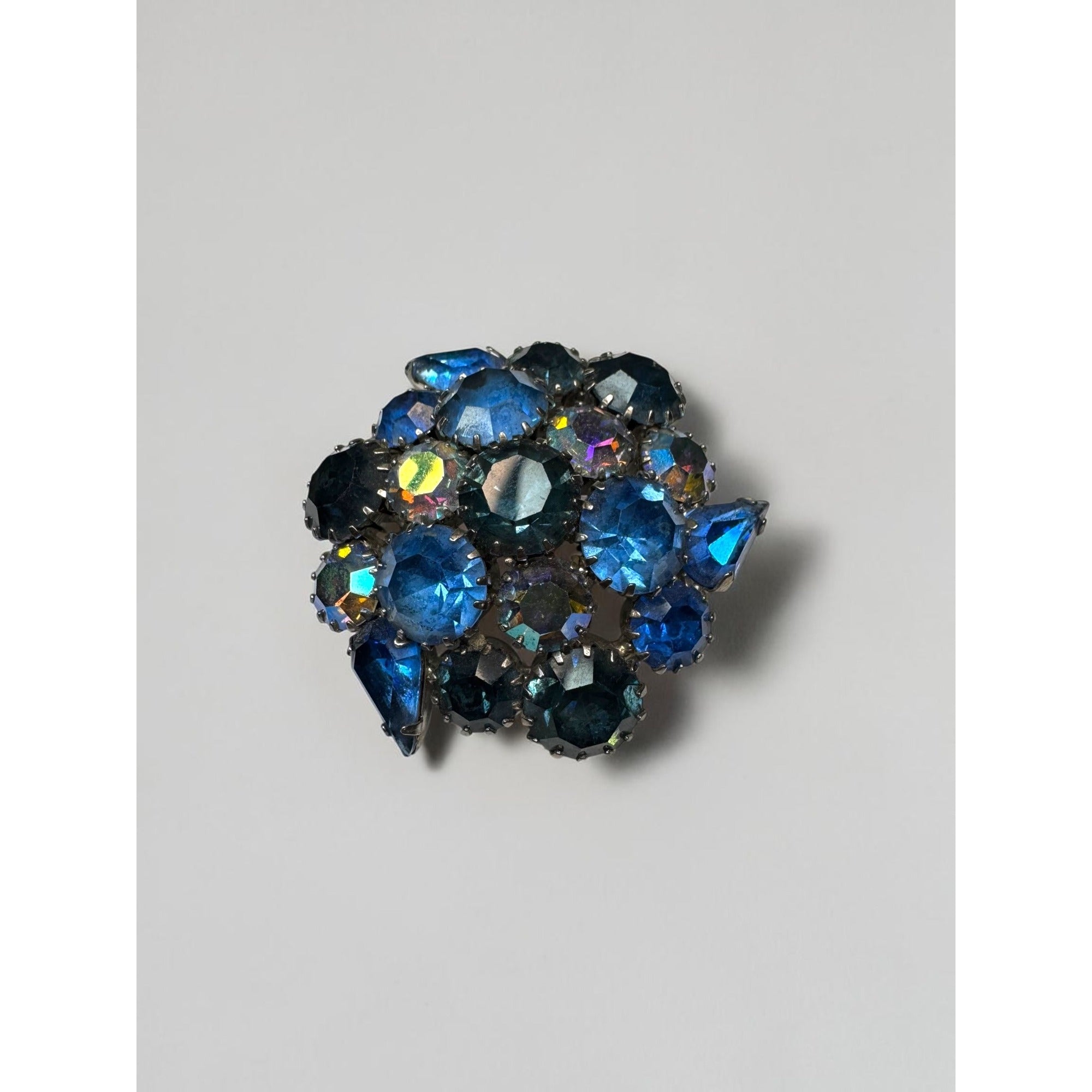 Karu Arke Brooch Earrings Set Blue AB Crystal Cluster Silver Tone Vintage 1960s