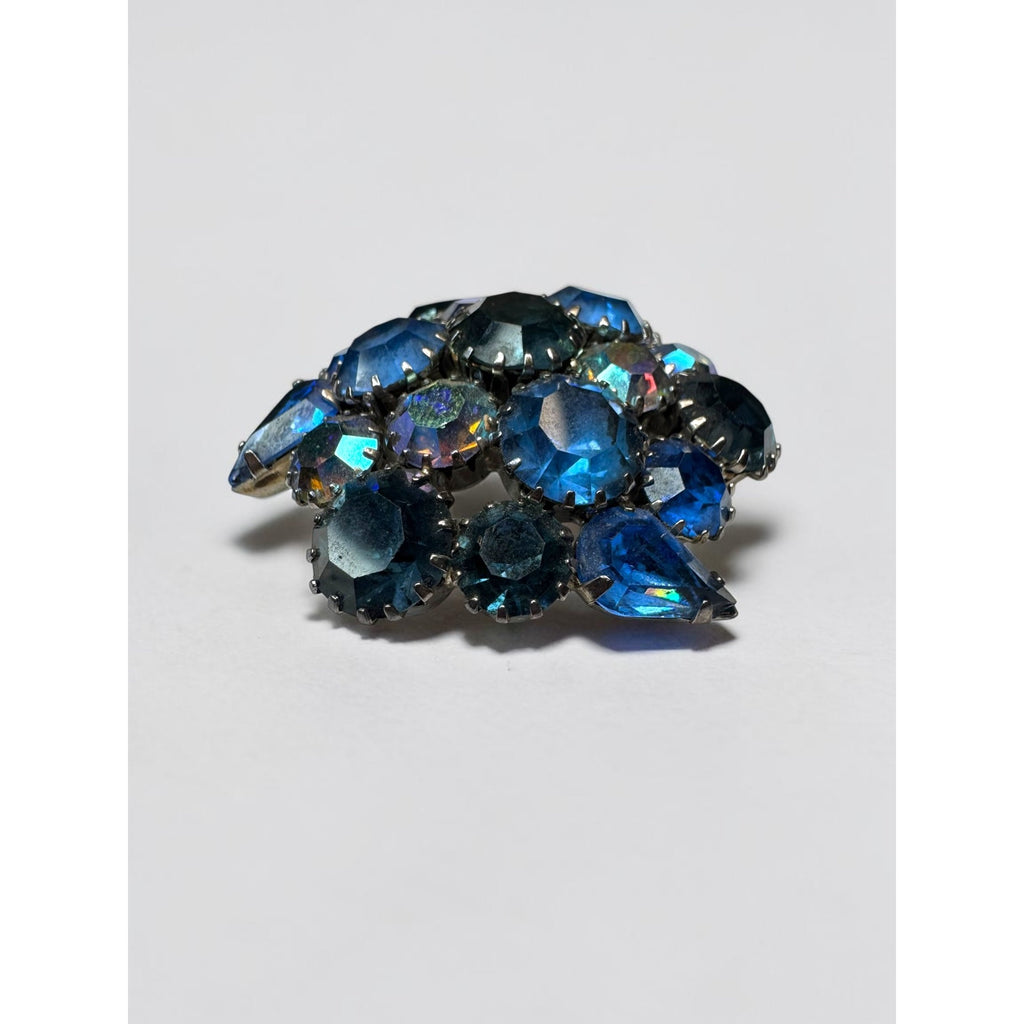 Karu Arke Brooch Earrings Set Blue AB Crystal Cluster Silver Tone Vintage 1960s