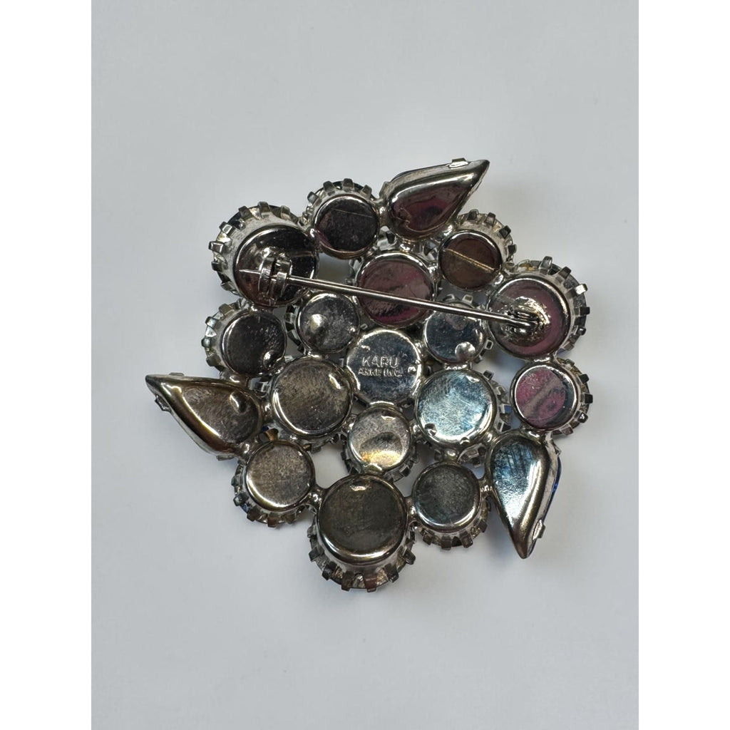 Karu Arke Brooch Earrings Set Blue AB Crystal Cluster Silver Tone Vintage 1960s