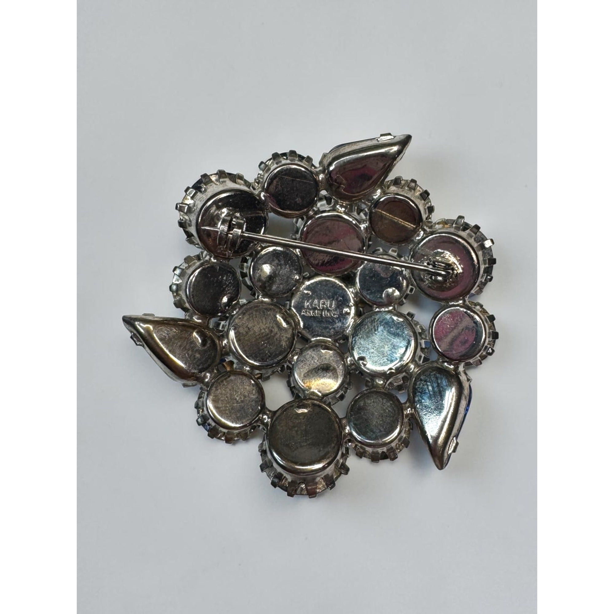 Karu Arke Brooch Earrings Set Blue AB Crystal Cluster Silver Tone Vintage 1960s