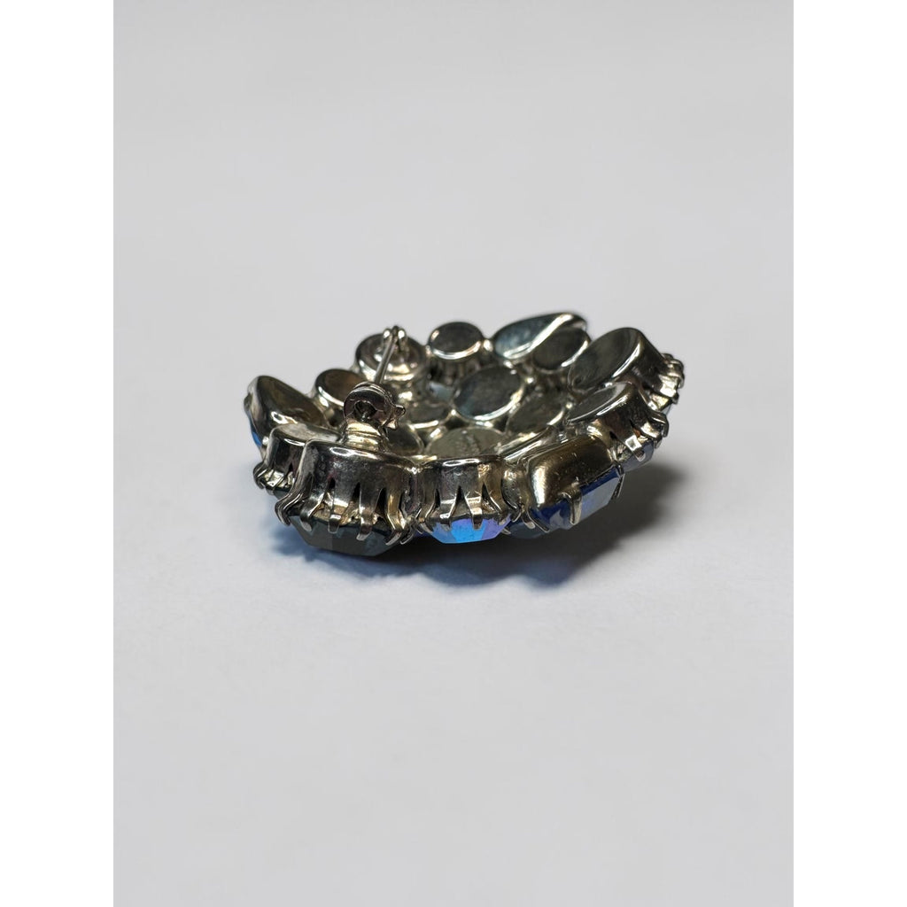Karu Arke Brooch Earrings Set Blue AB Crystal Cluster Silver Tone Vintage 1960s