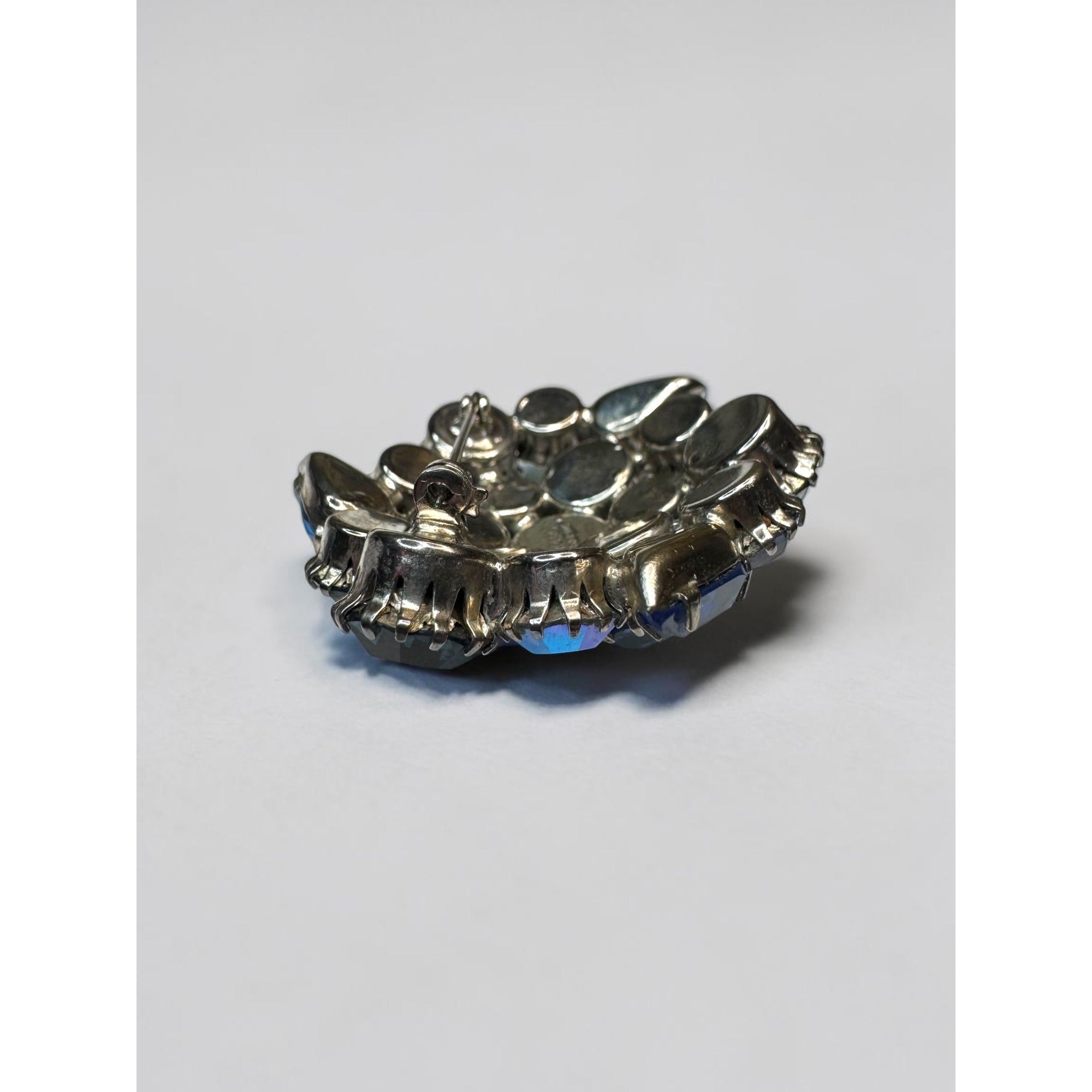 Karu Arke Brooch Earrings Set Blue AB Crystal Cluster Silver Tone Vintage 1960s