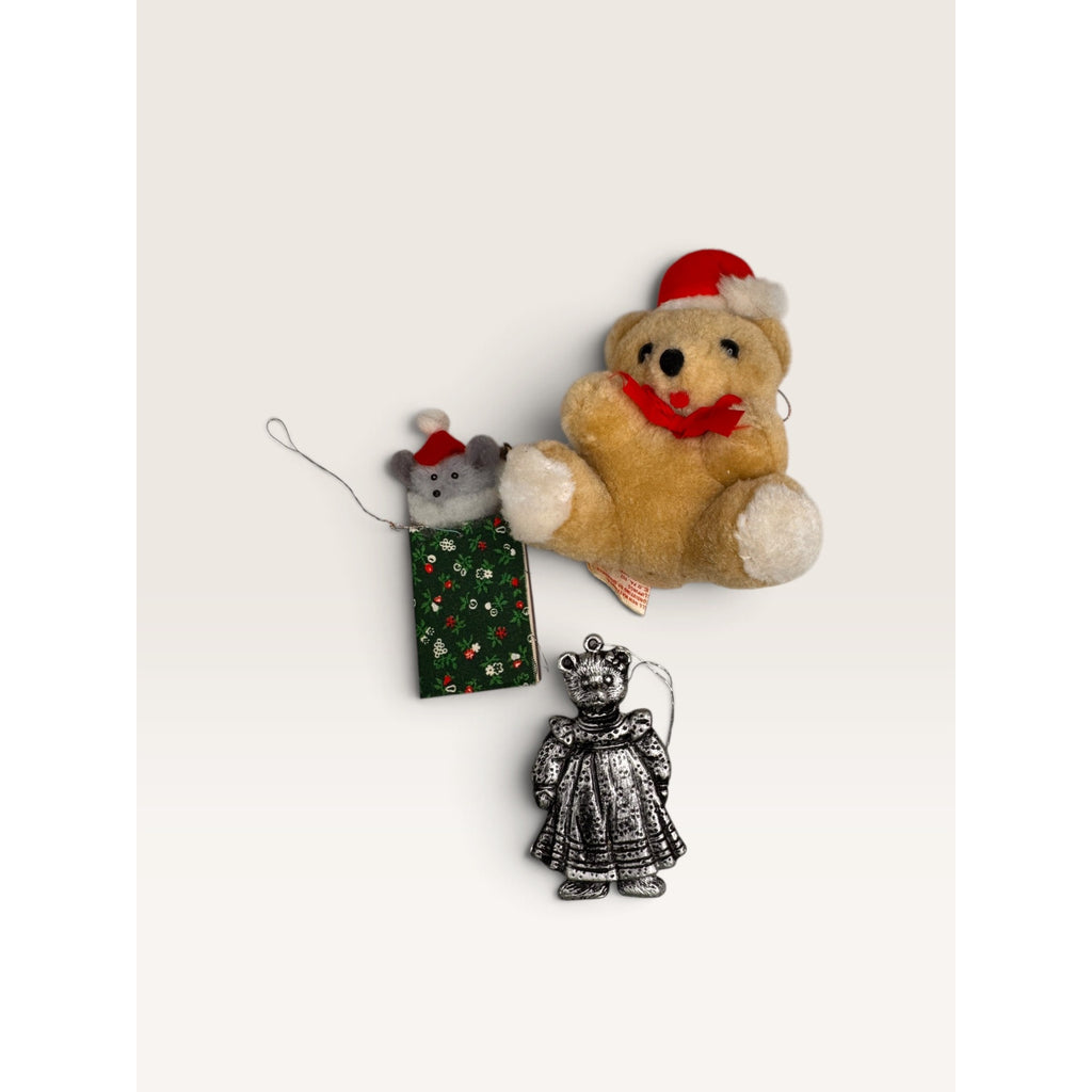 Funworld Plush Bear Silver Plastic Figure Matchbox Mouse Ornaments Lot of 3 Vintage