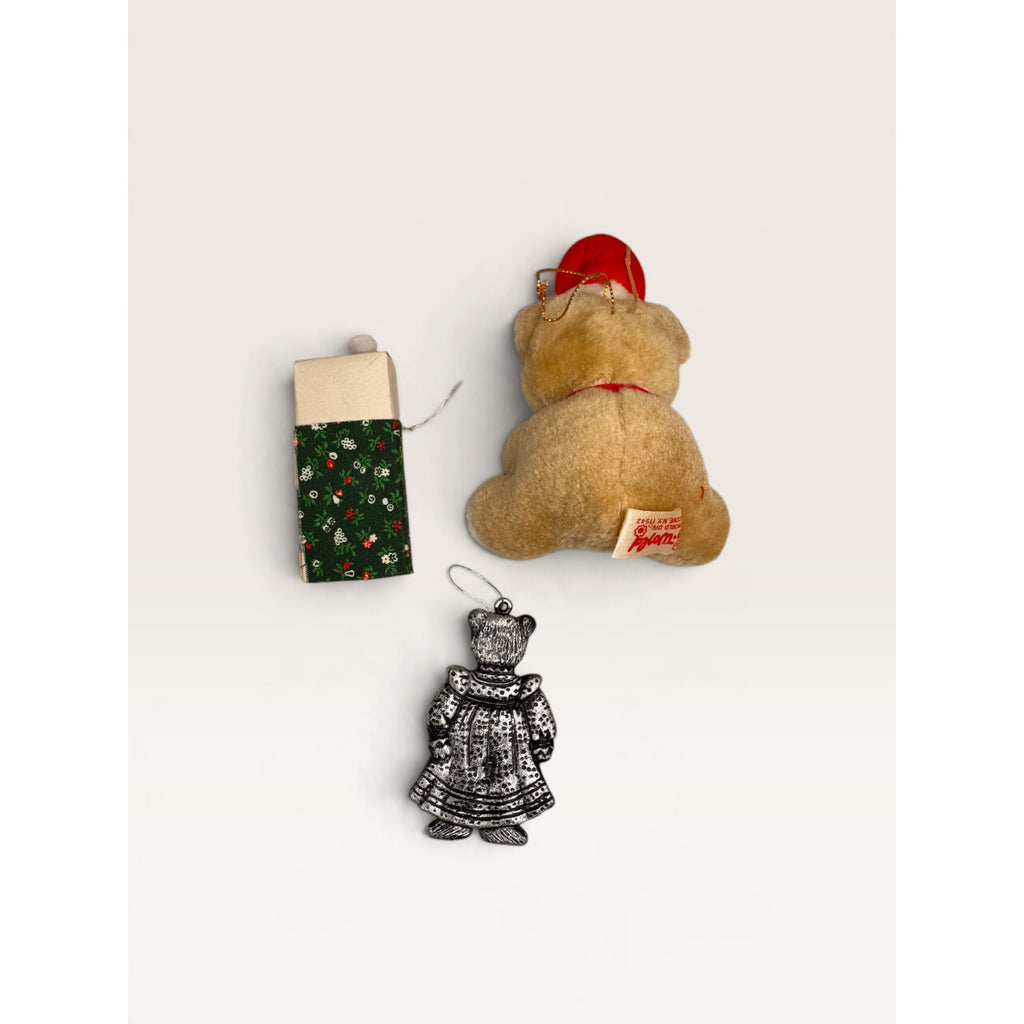 Funworld Plush Bear Silver Plastic Figure Matchbox Mouse Ornaments Lot of 3 Vintage