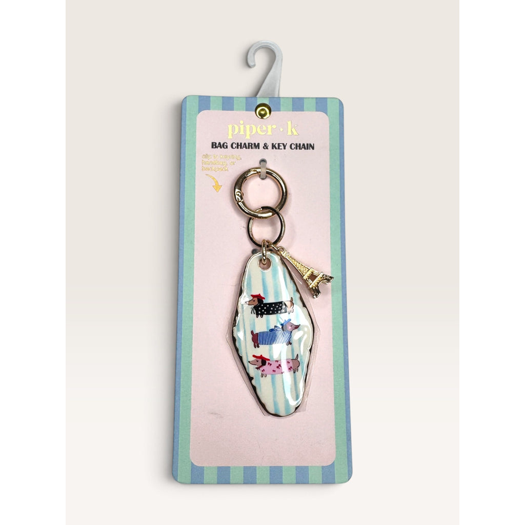 Piper K French Dachshund Eiffel Tower Motel Key Bag Charm Keychain New Blue