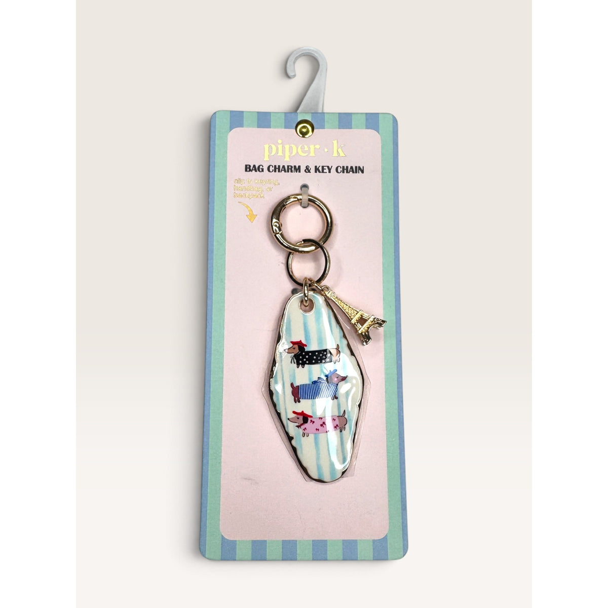 Piper K French Dachshund Eiffel Tower Motel Key Bag Charm Keychain New Blue