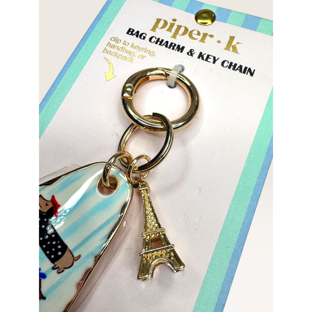 Piper K French Dachshund Eiffel Tower Motel Key Bag Charm Keychain New Blue