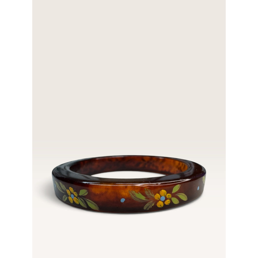 Mid Century Faux Tortoiseshell Lucite Hand Painted Floral Slip On Bangle 8"