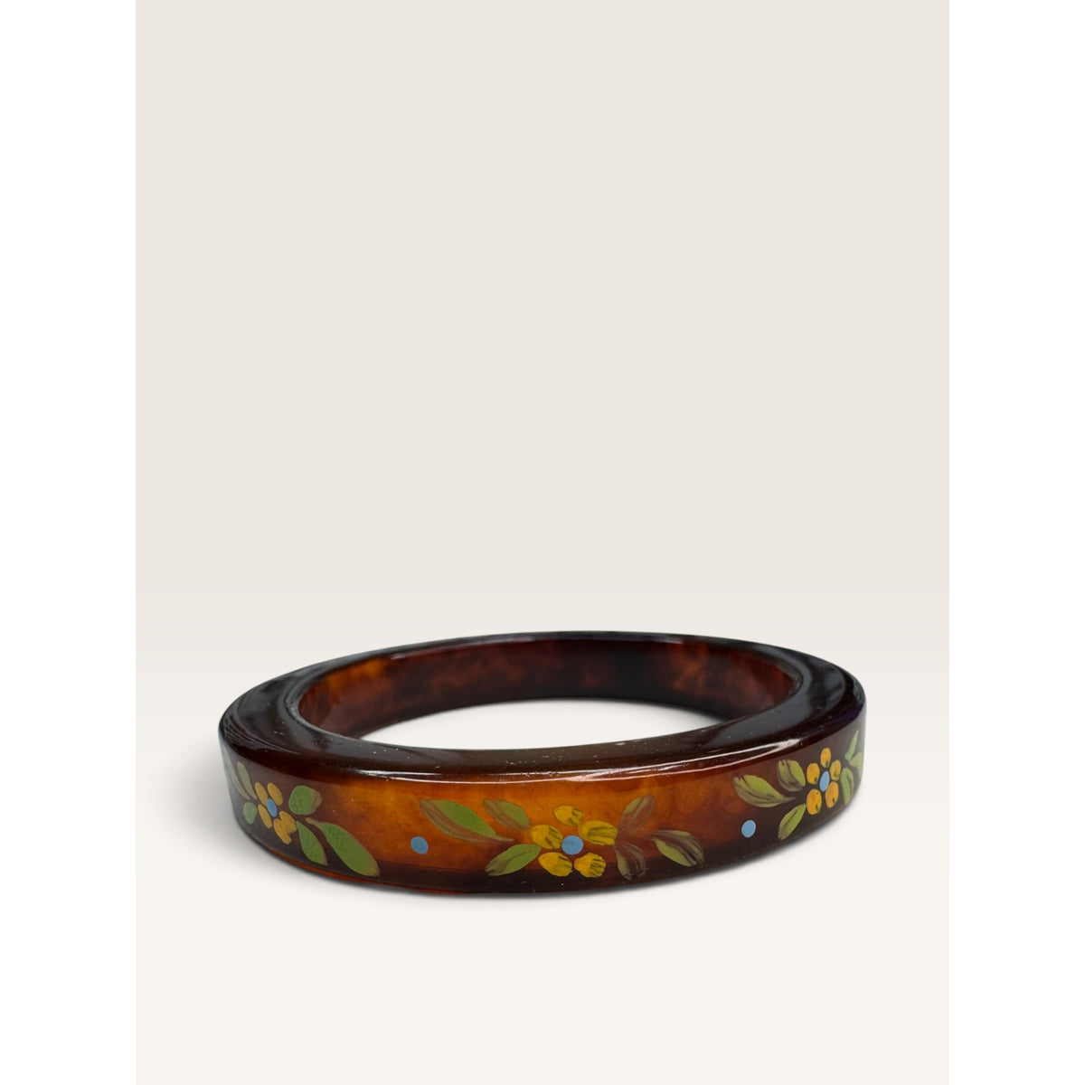 Mid Century Faux Tortoiseshell Lucite Hand Painted Floral Slip On Bangle 8"