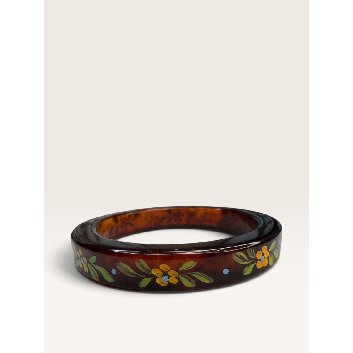 Mid Century Faux Tortoiseshell Lucite Hand Painted Floral Slip On Bangle 8"